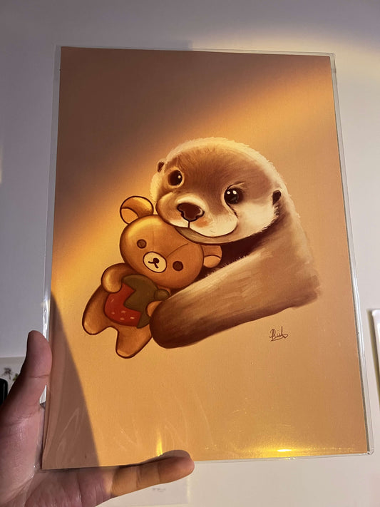 Cute otter A4 print holding Rilakkuma plushie